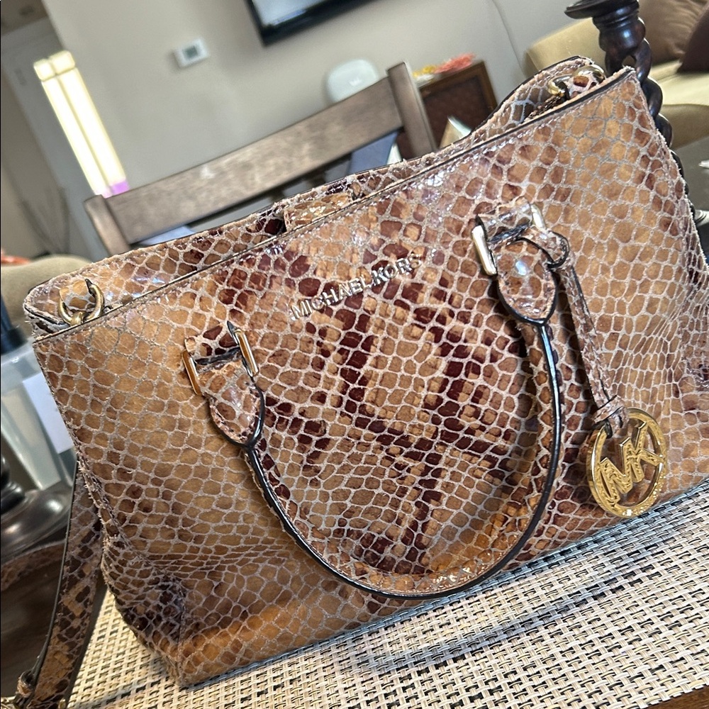 Michael Kors Tan and Brown Snake Print Satchel